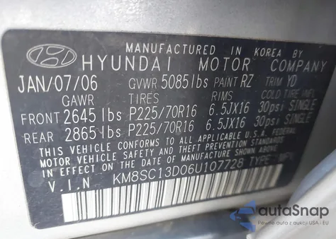 2006 Hyundai Santa Fe Gls из США, поврежденный, VIN KM8SC13D06U107728